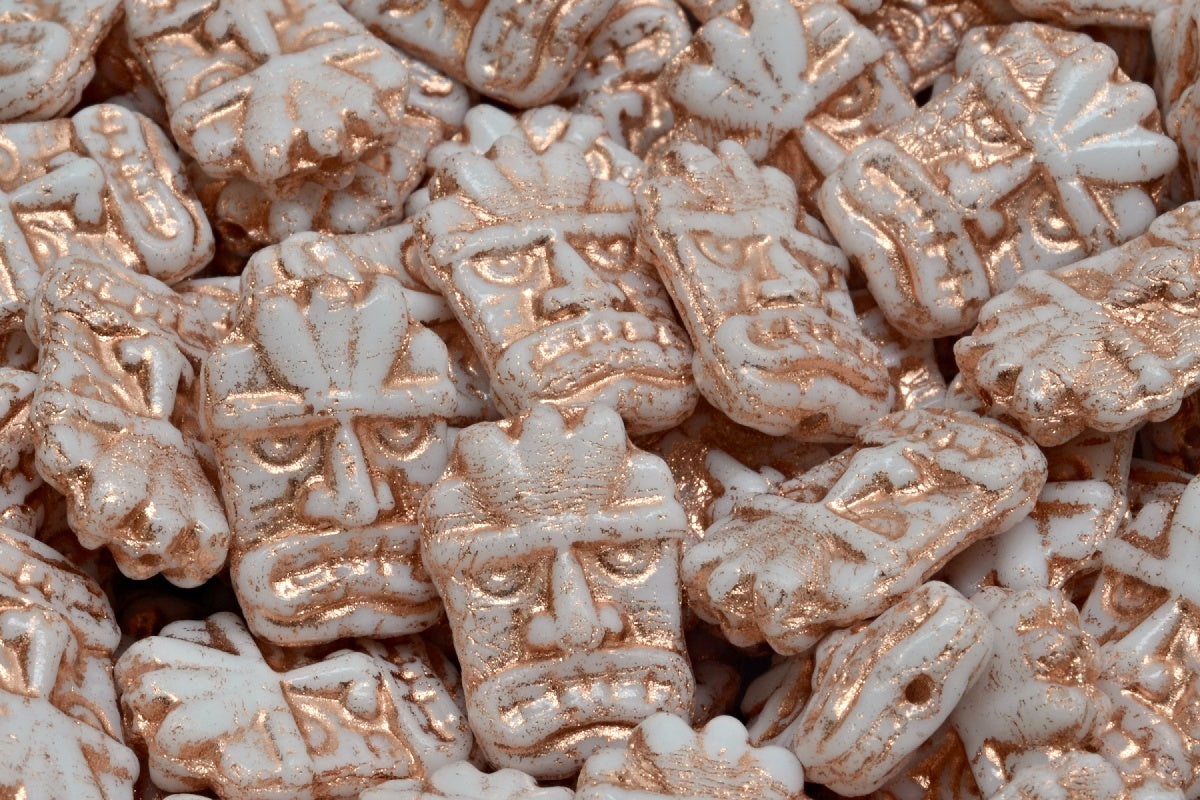 Tiki Mask Beads, White Copper Lined (02010-54307), Glass, Czech Republic