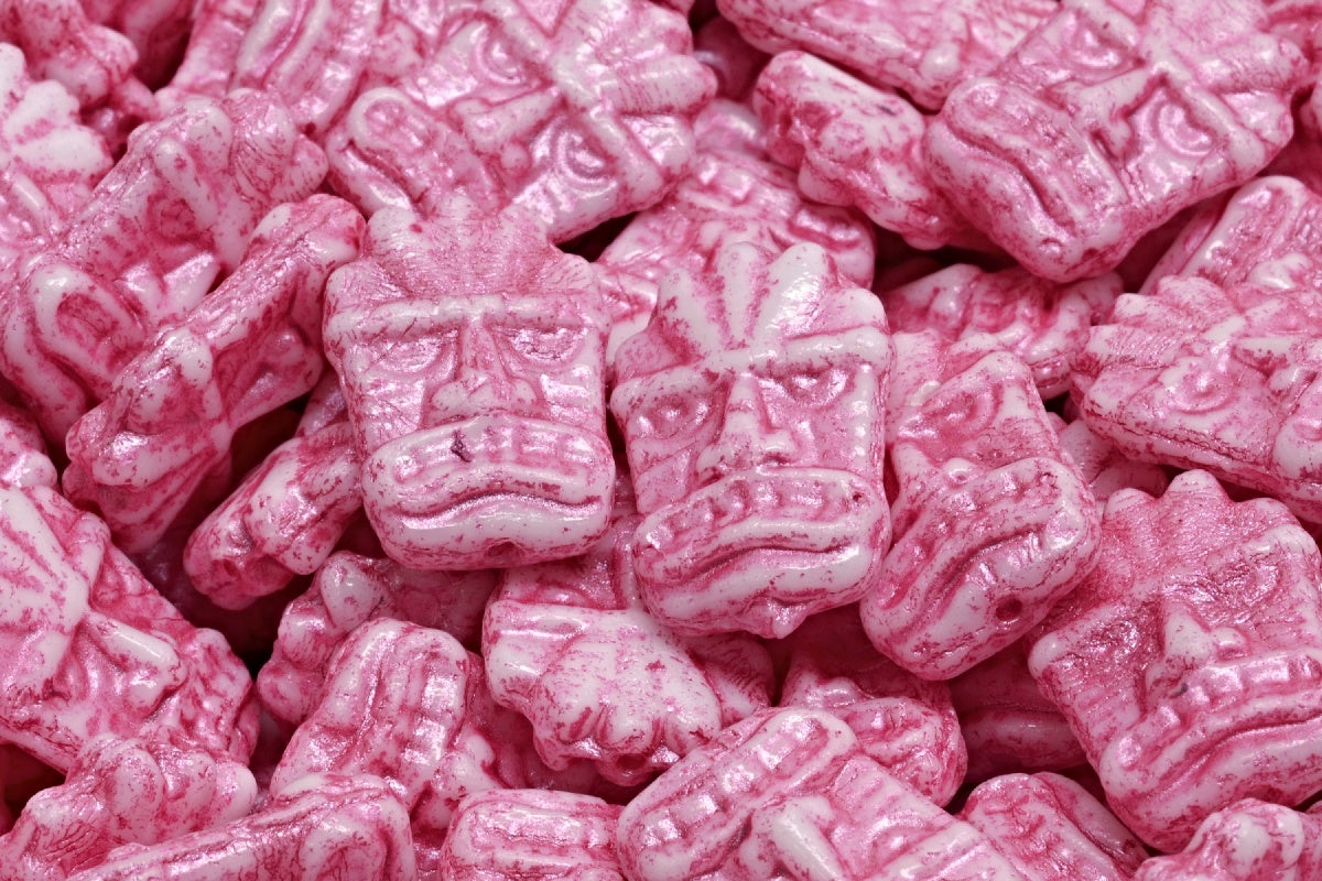Tiki Mask Beads, White Pink Lined (02010-54321), Glass, Czech Republic
