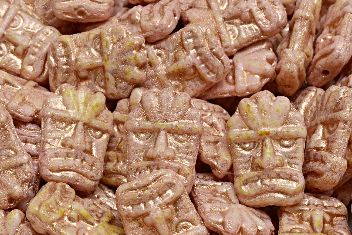 Tiki Mask Beads, White Travertin Warm Purple Spotted Copper Lined (02010-86800-33304-54307), Glass, Czech Republic