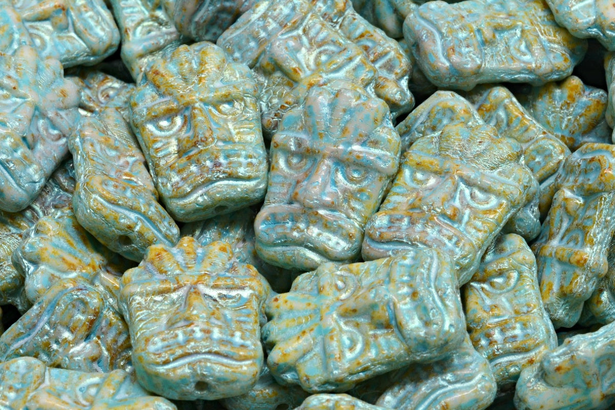 Tiki Mask Beads, White Travertin Turqouise Spotted 43801 (02010-86800-33309-43801), Glass, Czech Republic