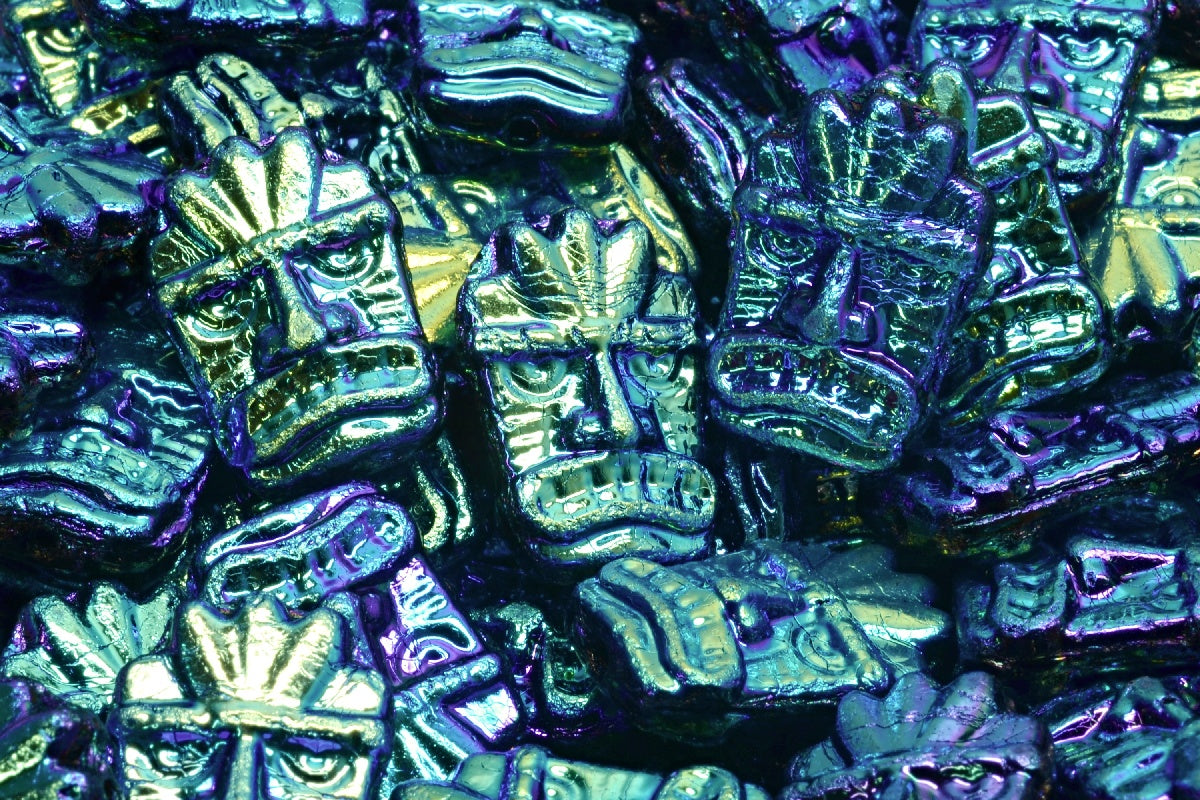 Tiki Mask Beads, Black Ab Full (2X Side) (23980-28703), Glass, Czech Republic
