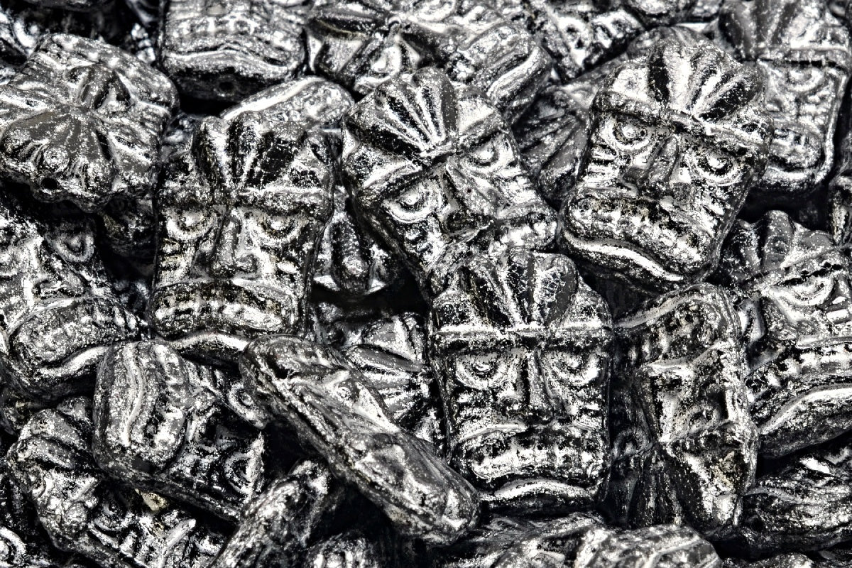 Tiki Mask Beads, Black Silver Lined (23980-54301), Glass, Czech Republic