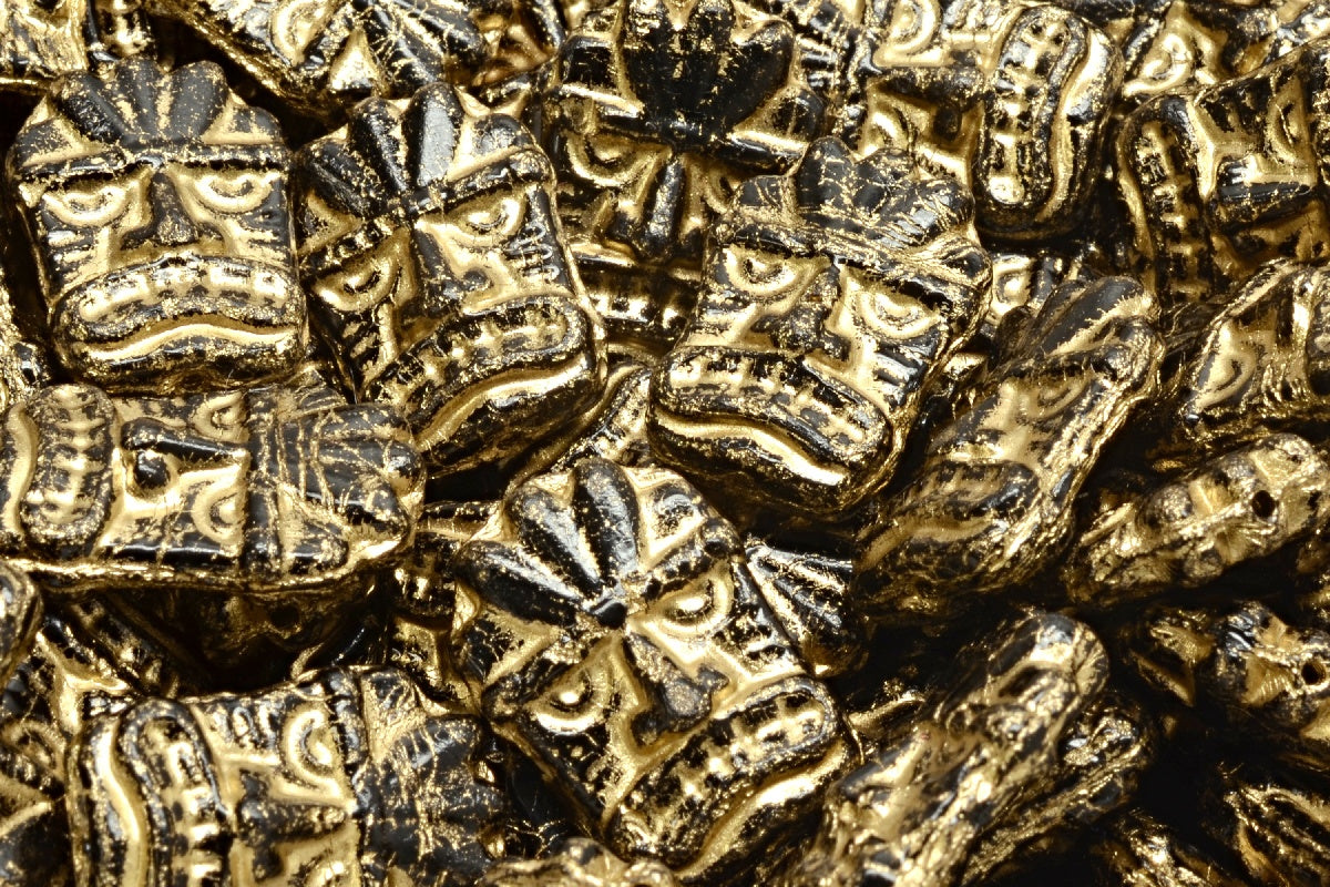 Tiki Mask Beads, Black Gold Lined (23980-54302), Glass, Czech Republic