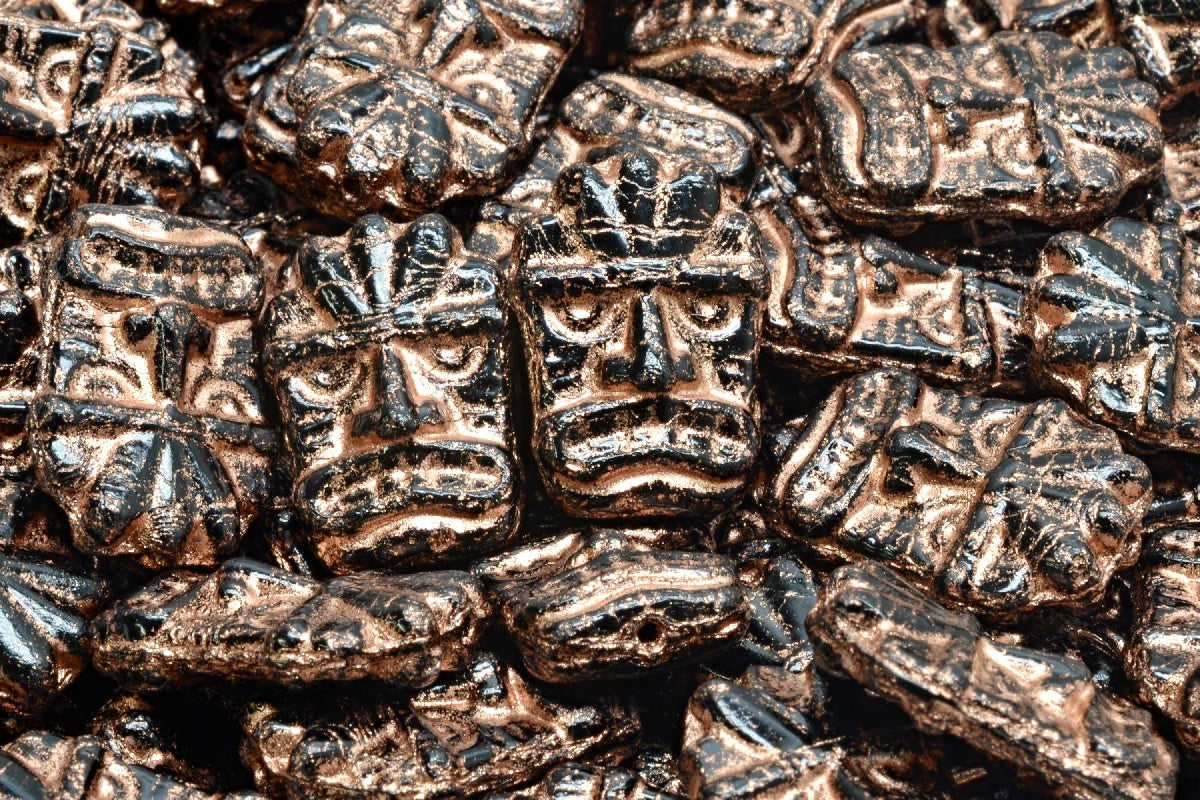 Tiki Mask Beads, Black Copper Lined (23980-54307), Glass, Czech Republic