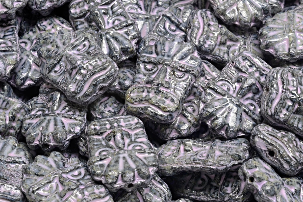 Tiki Mask Beads, Black Travertin Cold Purple Spotted (23980-86800-33305), Glass, Czech Republic
