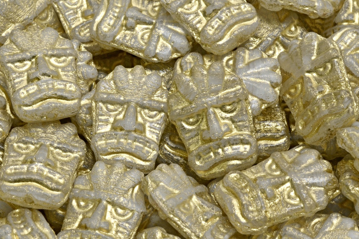 Tiki Mask Beads, White Gold Lined (R0201-54302), Glass, Czech Republic
