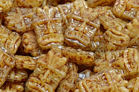 Tiki Mask Beads, White Travertin (R0201-86800), Glass, Czech Republic