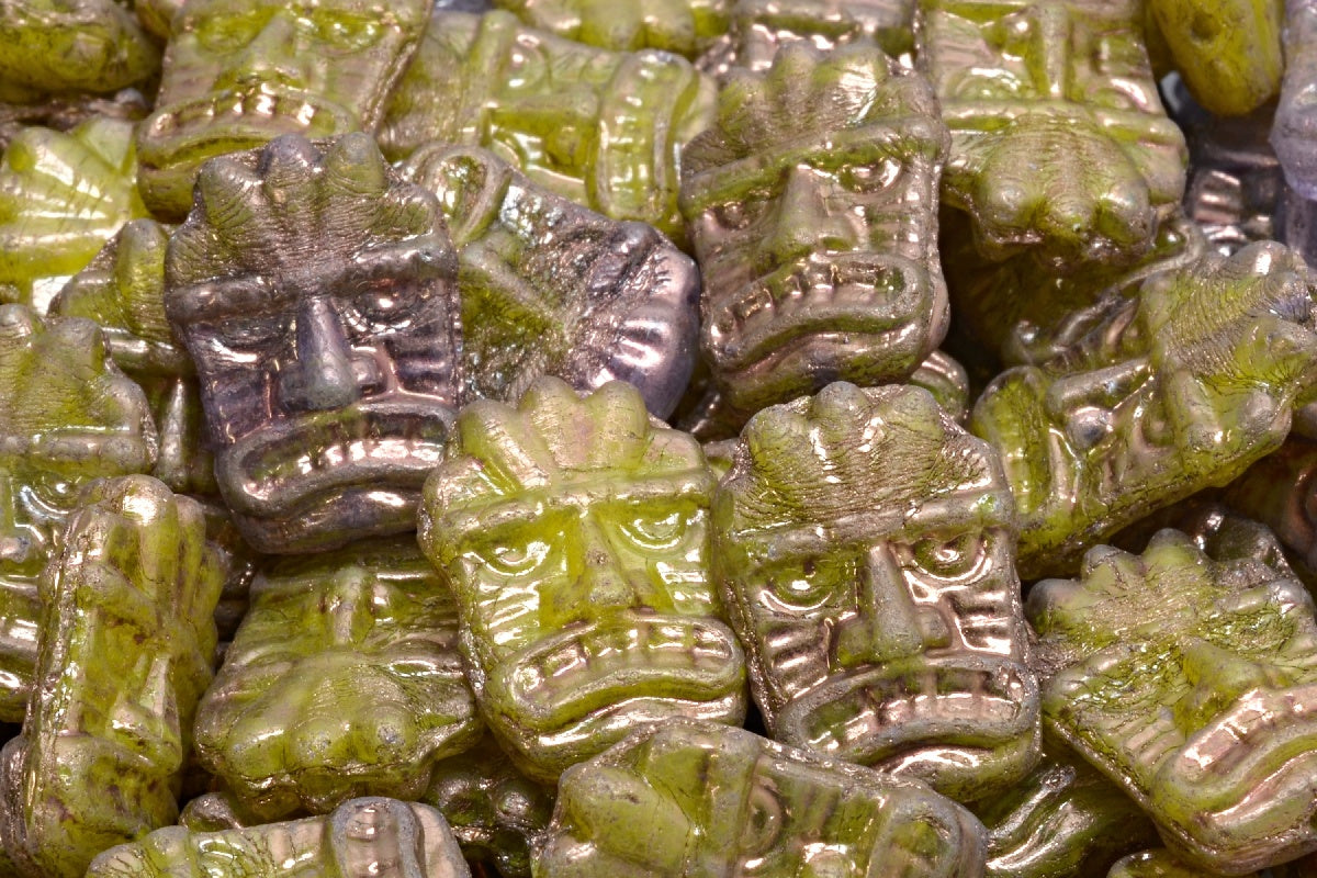 Tiki Mask Beads, Yellow Opal Mix Purple (R0813-15726), Glass, Czech Republic
