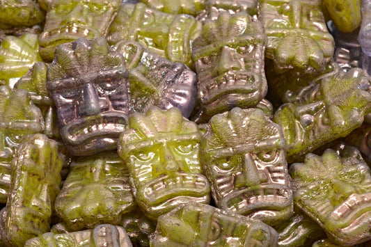 Tiki Mask Beads, Yellow Opal Mix Purple (R0813-15726), Glass, Czech Republic