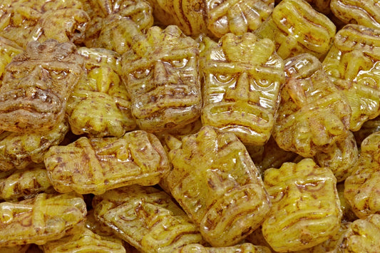 Tiki Mask Beads, Yellow Opal Mix Travertin (R0813-86800), Glass, Czech Republic
