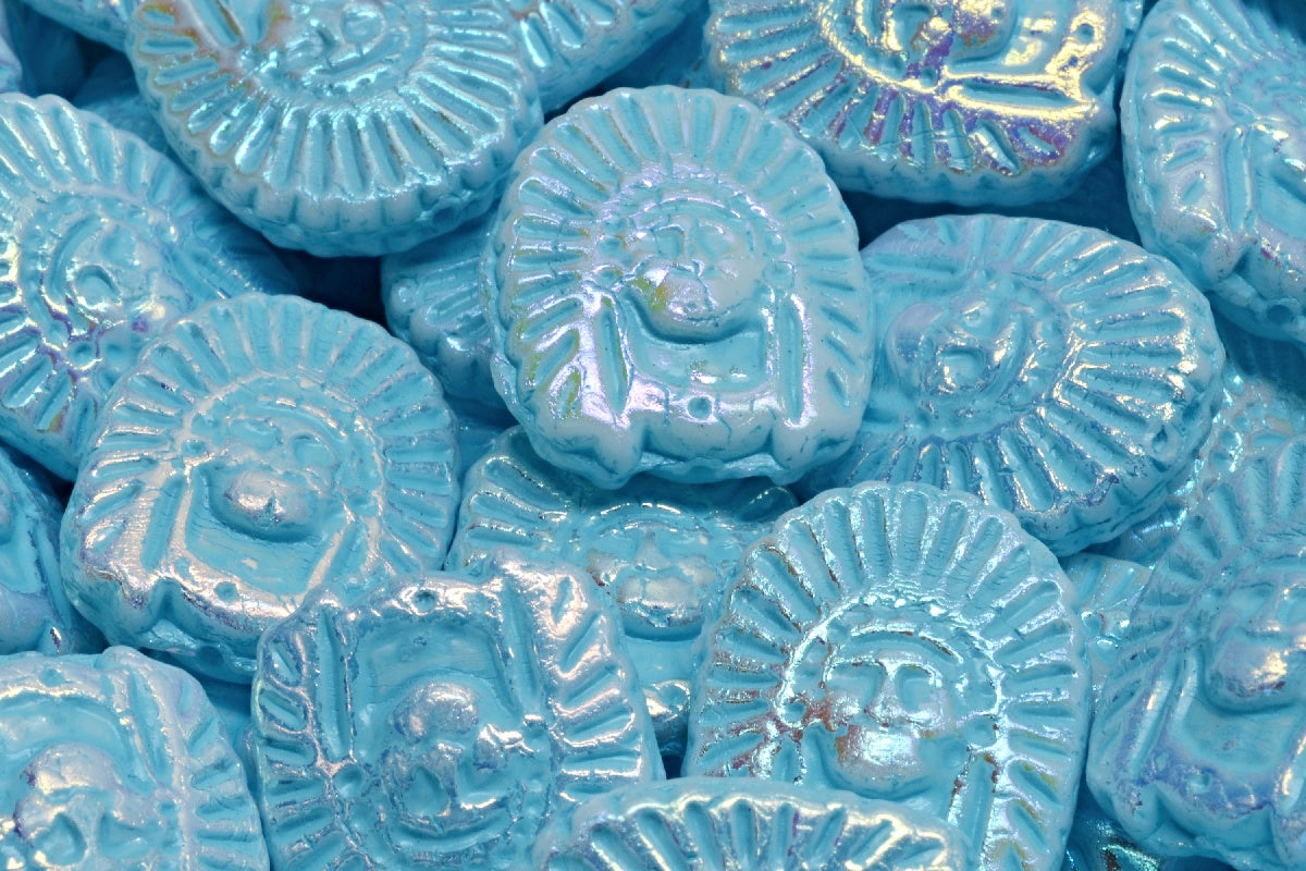 Indian Head Beads, White Ab Full (2X Side) Light Blue Lined (02010-28703-54308), Glass, Czech Republic