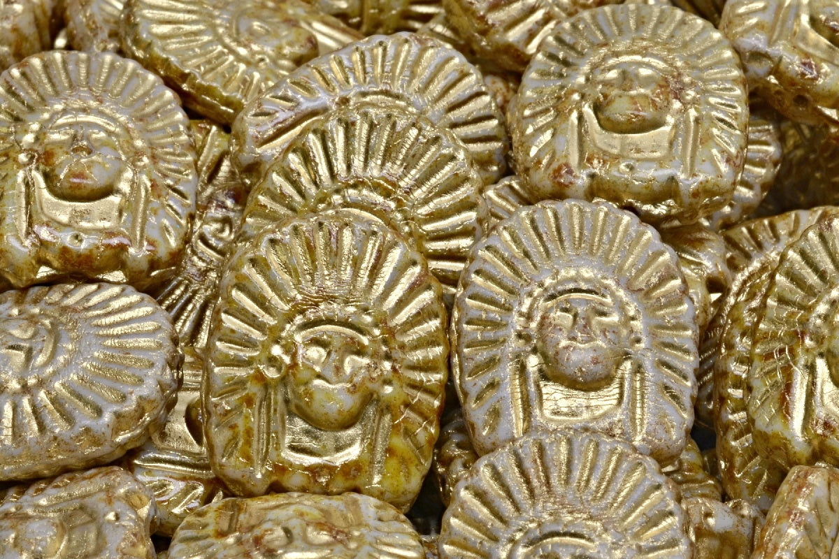 Indian Head Beads, White Travertin Gold Lined (02010-86800-54302), Glass, Czech Republic