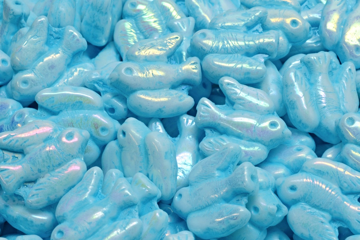 Bird Beads, White Ab Full (2X Side) Light Blue Lined (02010-28703-54308), Glass, Czech Republic