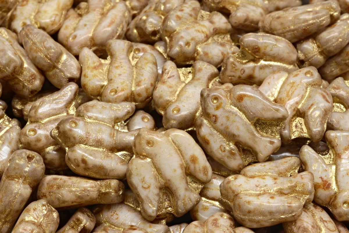 Bird Beads, White Travertin Gold Lined (02010-86800-54302), Glass, Czech Republic