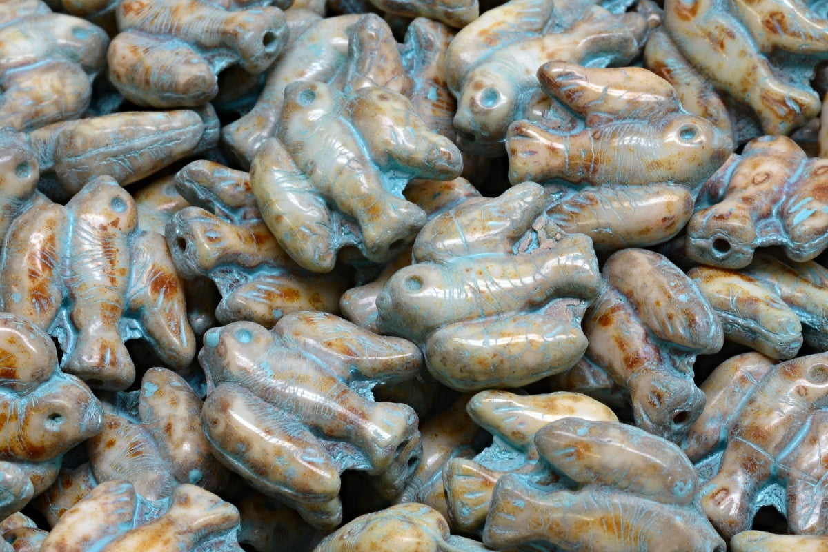 Bird Beads, White Travertin Light Blue Lined (02010-86800-54308), Glass, Czech Republic