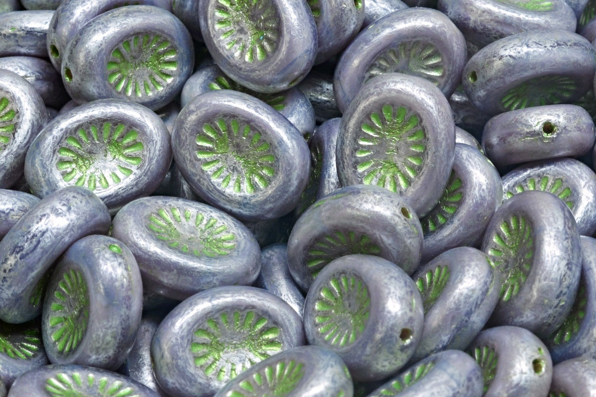 OUTLET 10 grams Kiwi Beads, 14 x 10 mm, 21360 Green Silver Splash (21360-43813-86700), Glass, Czech Republic