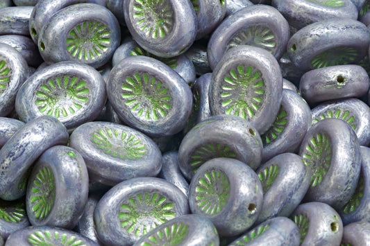 OUTLET 10 grams Kiwi Beads, 14 x 10 mm, 21360 Green Silver Splash (21360-43813-86700), Glass, Czech Republic