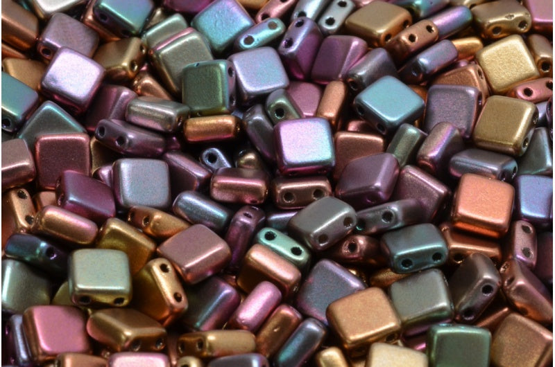 2-Holes Pressed Tile Beads, Crystal Violet Rainbow Metallic Iris (00030-01640), Glass, Czech Republic