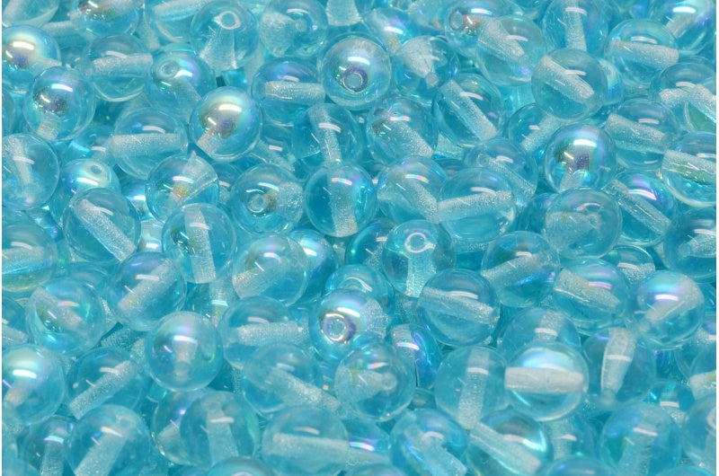 OUTLET 10 grams Round Druck Beads, Transparent Aqua Ab (60010-28701), Glass, Czech Republic