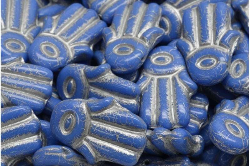 OUTLET 10 Gramm Hamsa-Handperlen, undurchsichtig blau mit Silber gefüttert (33040-54301), Glas, Tschechische Republik
