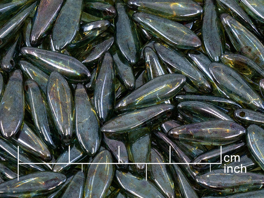 OUTLET 10 grams Dagger Beads, 5 x 16 mm, Crystal Blue Green Luster (00030-65431), Glass, Czech Republic