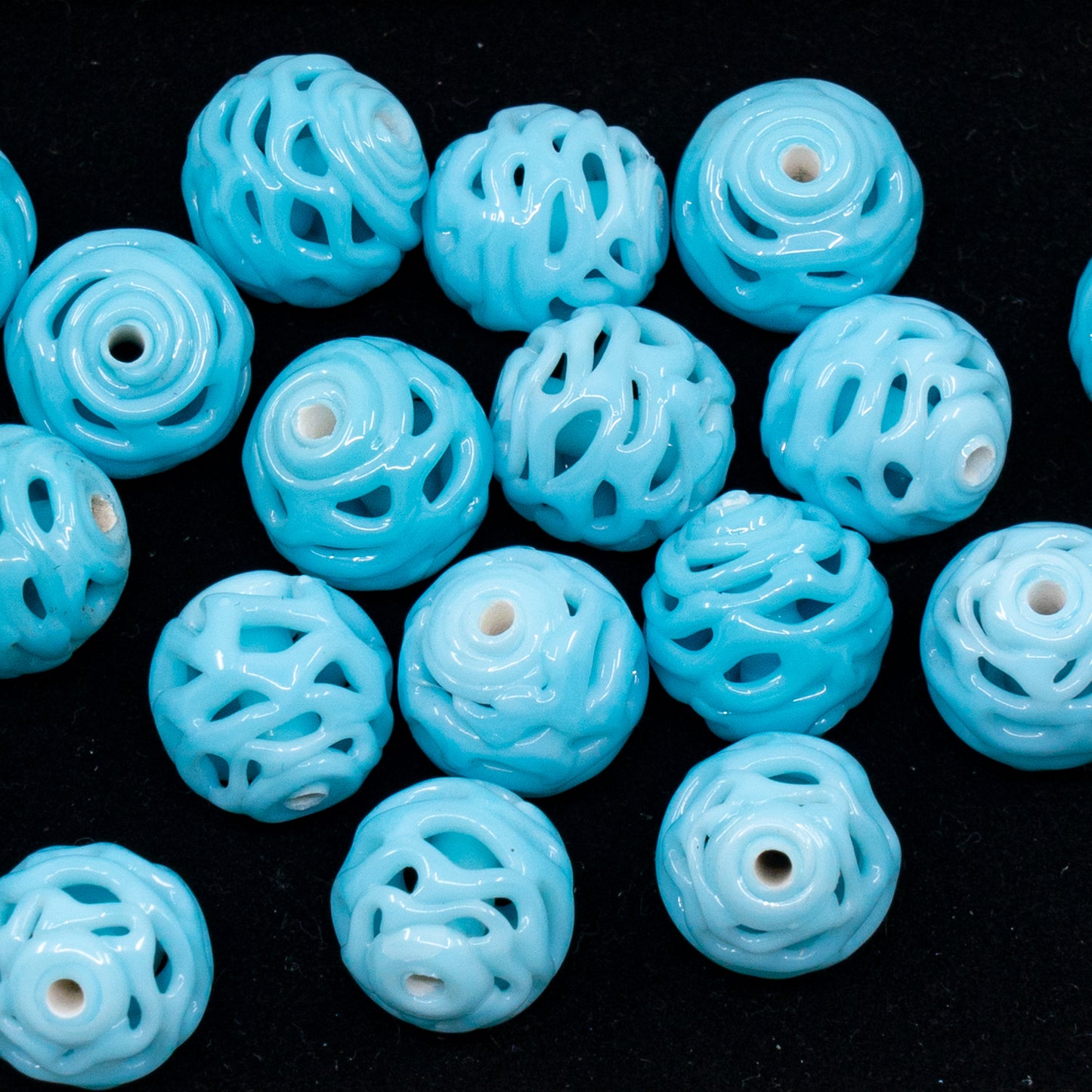 VINTAGE OUTLET 1 pc Lampwork LACE Handmade Round Beads, 12 x 12 mm, Sky Blue, Glass, Czech Republic, Antique Beads