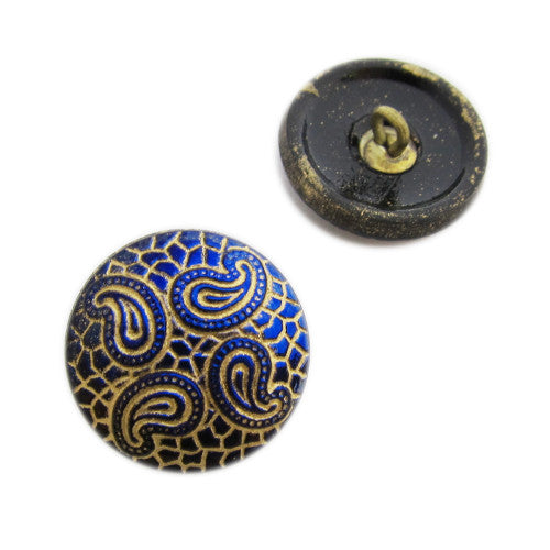 2 pcs Hand Painted Glass Buttons with ornament, size 6 (13.5 mm), Glass, Czech Republic