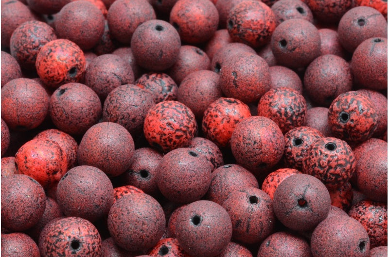 ラウンドドラックビーズ、不透明レッドエッチングブラックライン（93200-ETCH-48449）、ガラス、チェコ共和国