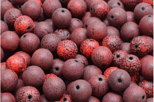 ラウンドドラックビーズ、不透明レッドエッチングブラックライン（93200-ETCH-48449）、ガラス、チェコ共和国