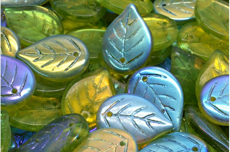 Apple Leaf Beads, Transparent Green Ab (50220-28701), Glass, Czech Republic