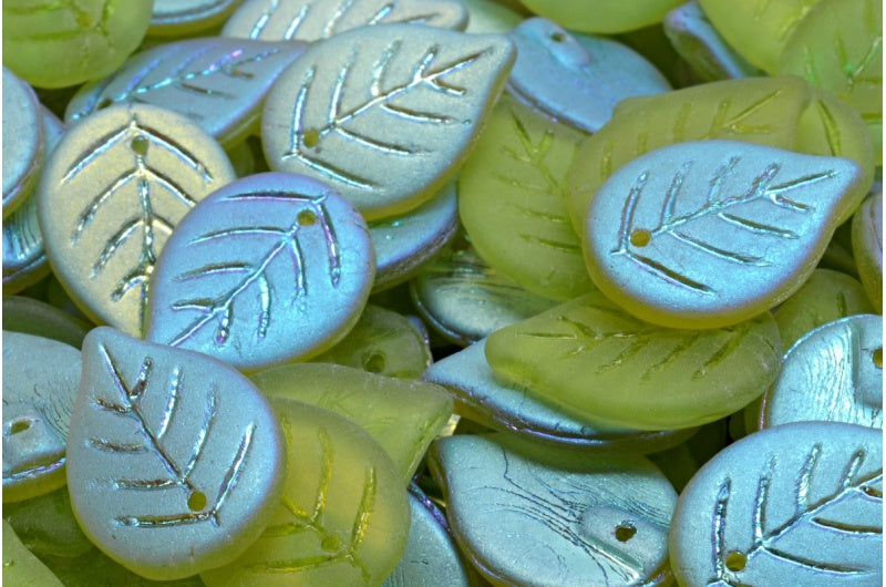 Apple Leaf Beads, Transparent Green Matte Ab (50220-84100-28701), Glass, Czech Republic