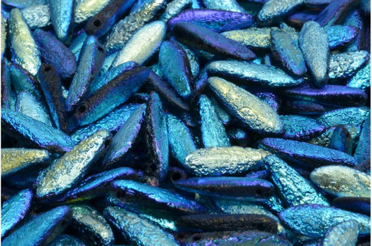 OUTLET 10 grams Dagger Beads, 5 x 16 mm, Black Etched Ab Full (2X Side) (23980-ETCH-28703), Glass, Czech Republic