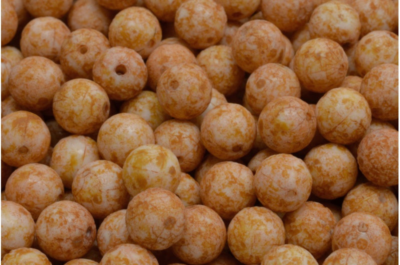 ラウンドドラックビーズ、ホワイトエッチングトラバーチン（02010-ETCH-86800）、ガラス、チェコ共和国