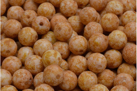 ラウンドドラックビーズ、ホワイトエッチングトラバーチン（02010-ETCH-86800）、ガラス、チェコ共和国