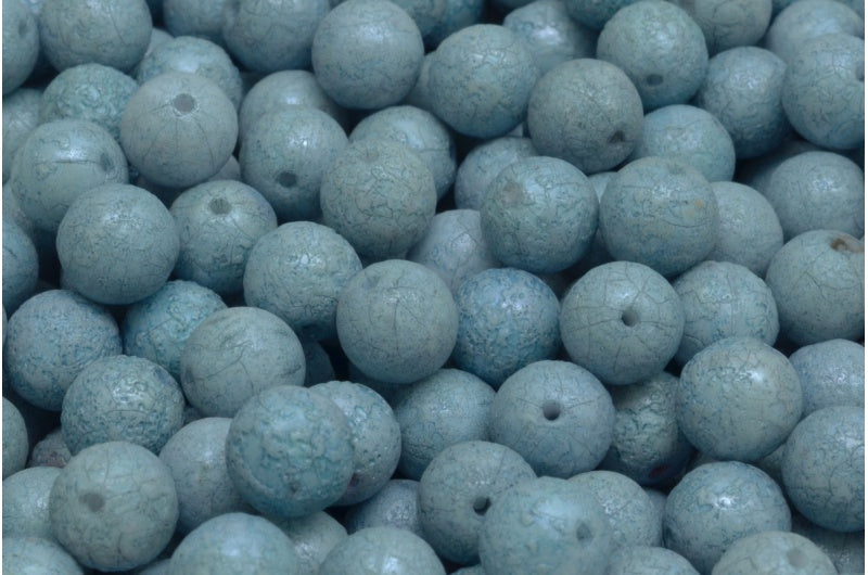 Round Druck Beads, White Etched Luster Blue Full Coated (02010-ETCH-14464), Glass, Czech Republic