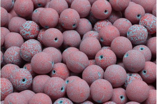 ラウンドドラックビーズ、不透明レッドエッチングライトブルーライン（93200-ETCH-54308）、ガラス、チェコ共和国