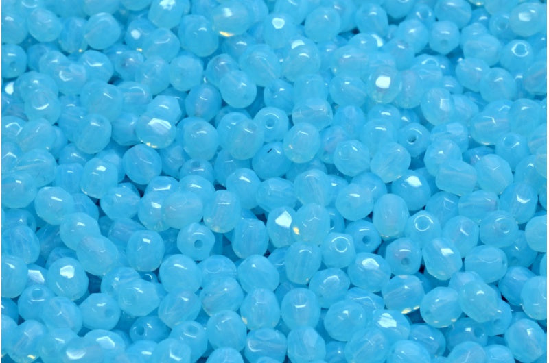 Faceted Round Fire Polished Beads, Opal Aqua (61000), Glass, Czech Republic