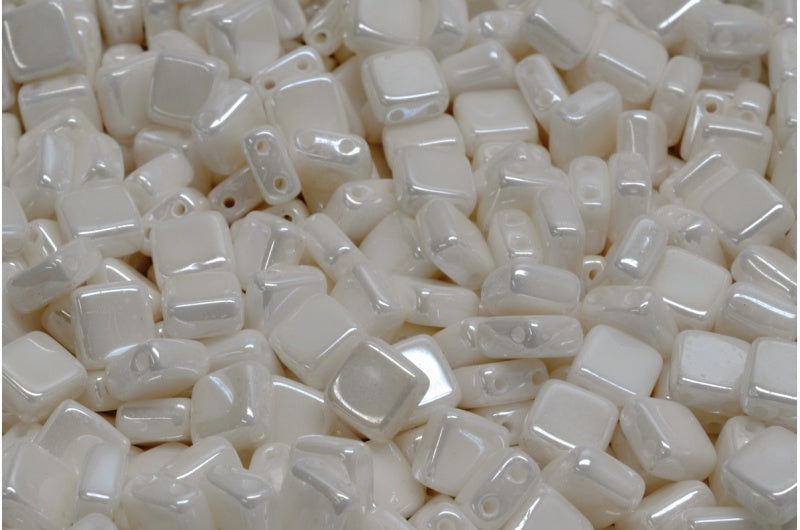 2-Holes Pressed Tile Beads, White Opal 21402 (02020-21402), Glass, Czech Republic