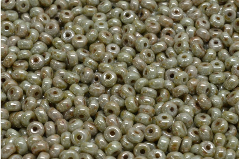 OUTLET 10 grams Rondelle Druck Beads, 2.5 x 4 mm, White Stain With Luster Green (02010-65455), Glass, Czech Republic