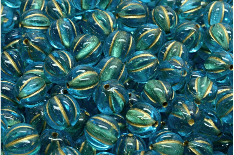 Melon Beads, Transparent Aqua Gold Lined (60020-54302), Glass, Czech Republic