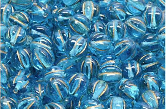 Melon Beads, Transparent Aqua Gold Lined (60020-54202), Glass, Czech Republic