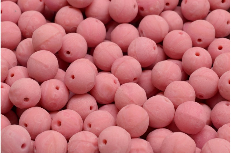 Round Druck Beads, Opaque Pink Etched (73020-ETCH), Glass, Czech Republic