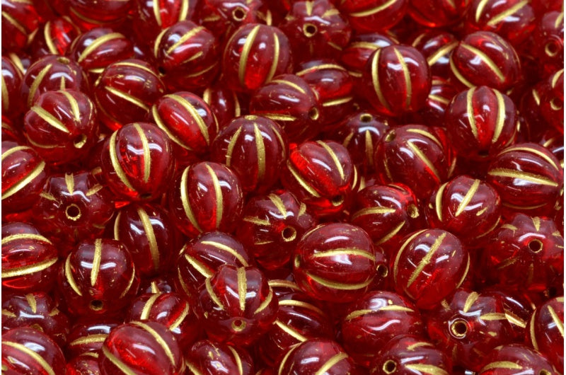 OUTLET 10 grams Melon Beads, 8 x 8 mm, Ruby Red Gold Lined (90080-54302), Glass, Czech Republic