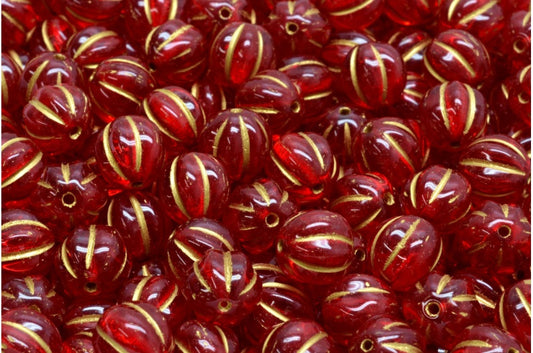 OUTLET 10 grams Melon Beads, 8 x 8 mm, Ruby Red Gold Lined (90080-54302), Glass, Czech Republic