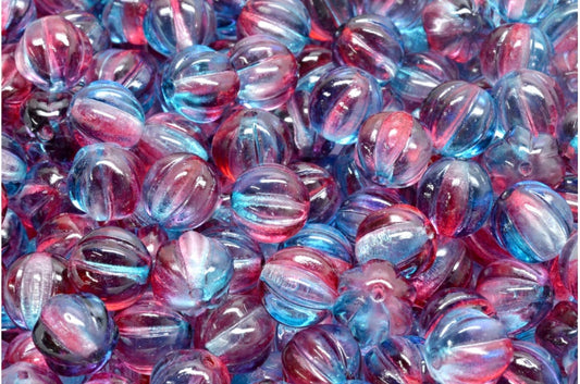 メロンビーズ、クリスタルブルーレッド透明染色（00030-48013）、ガラス、チェコ共和国
