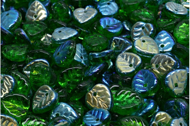 Leaf Beads, Emerald Green Ab (50120-28701), Glass, Czech Republic