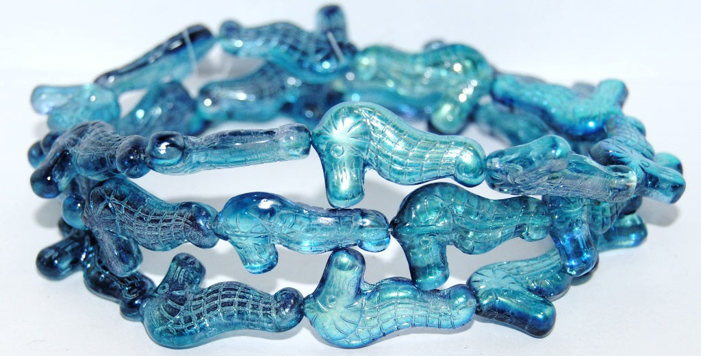 OUTLET 10 grams Seahorse Pressed Glass Beads, Crystal Glossy Turquoise Blue (00030-48103), Glass, Czech Republic