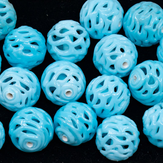 VINTAGE OUTLET 1 pc Lampwork LACE Handmade Round Beads, 13 x 13 mm, Sky Blue, Glass, Czech Republic, Antique Beads