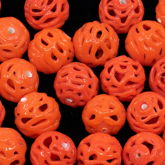 VINTAGE OUTLET 1 pc Lampwork LACE Handmade Round Beads, 13 x 13 mm, Coral Orange, Glass, Czech Republic, Antique Beads