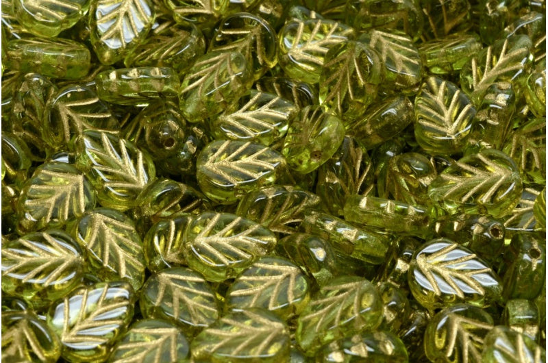 Mint Leaf Beads, Transparent Green Gold Lined (50230-54202), Glass, Czech Republic